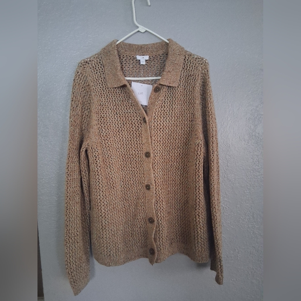 J Jill NWT Open Knit Button Down Cotton Blend Sweater Tan L. - Picture 2 of 7